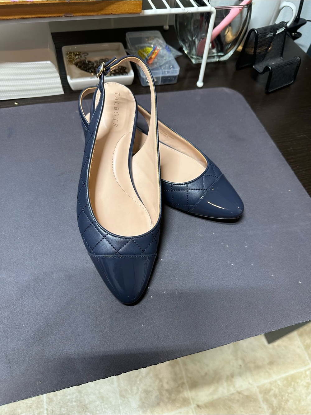 Talbots Navy Quilted Patent Slingback Flats